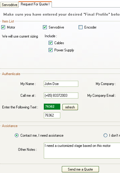 PBA Systems Motor Sizer Application RFQ Tab